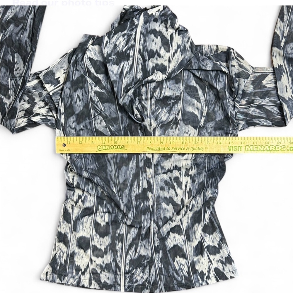 ALLSAINTS Blue Mesh Top 6, Long Sleeve High Neck W/Cross Design And Ruffle Sides - Picture 7 of 9